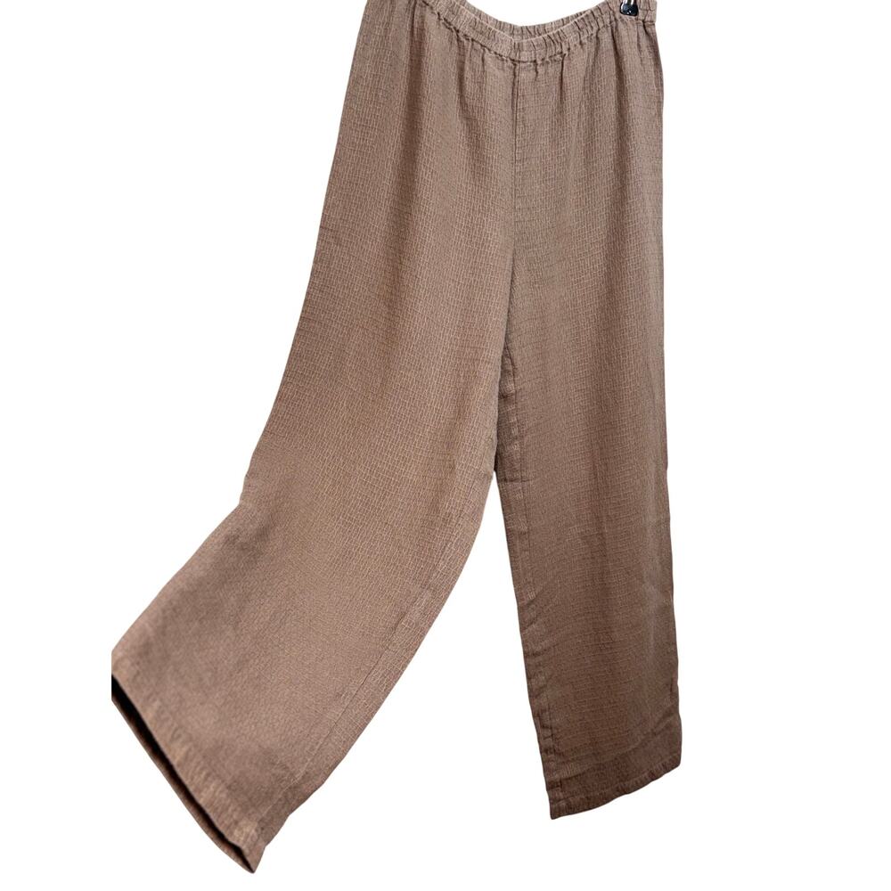 EIleen Fisher 100% linen pants tan pull on full leg elastic waist textured  Sz S